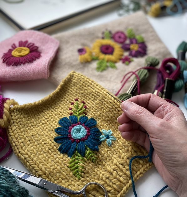 Flower embroidery on knit
