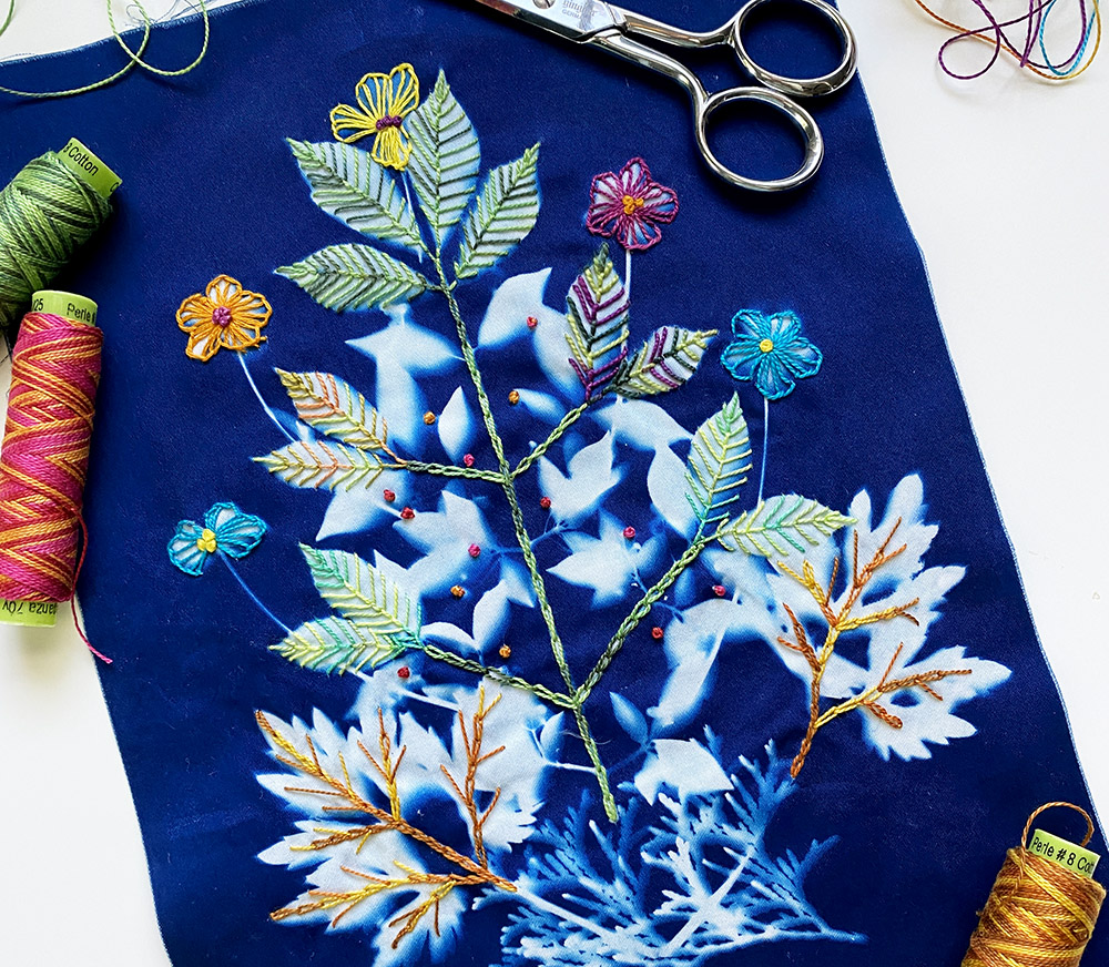 embroidered cyanotype on fabric
